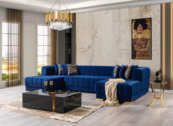 Ariana Blue Velvet Double Chaise - Pay On Delivery $1,675.00 ETA 10/26/25