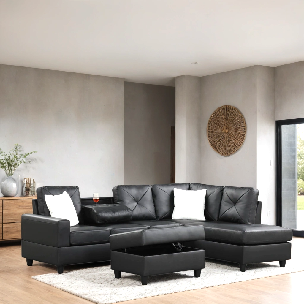 Rocket PU - Black Sectional + Ottoman Set Pay On Delivery $590.00