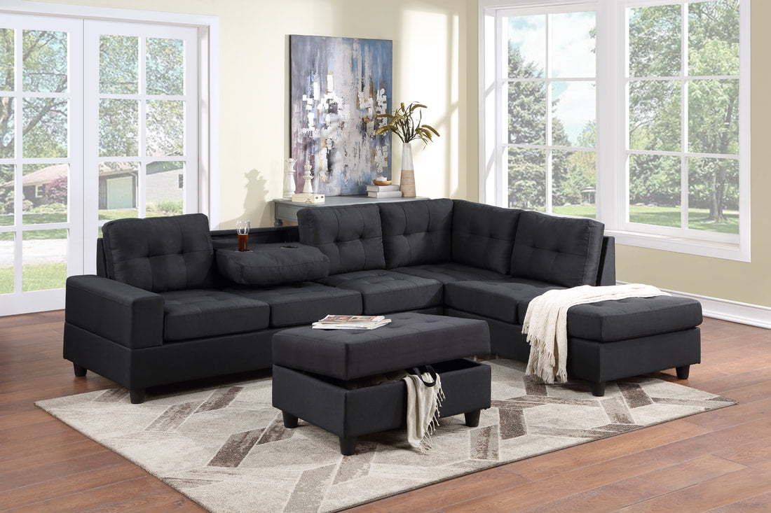 30Heights - Reversible Sectional + Storage Ottoman (Black Linen) - Pay On Delivery $700.00