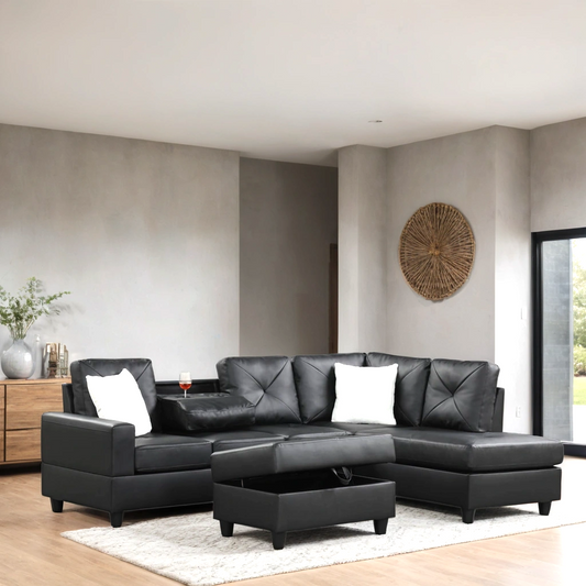 Rocket PU - Black Sectional + Ottoman Set Pay On Delivery $590.00